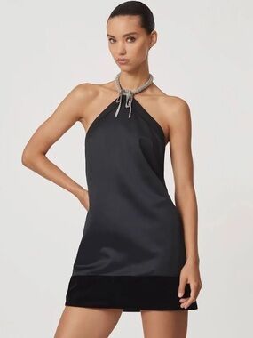 Reiss Black Satin Crystal-necklace minidress